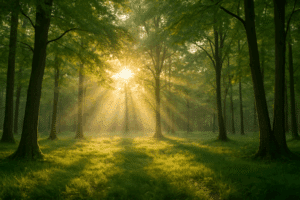 Sonnenlicht fällt durch hohe Bäume auf eine grüne Waldlichtung – friedliche Morgenstimmung in der Natur.